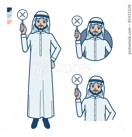 Illustration of an Arabian man in a white costume showing a cross sign panel 95433326
