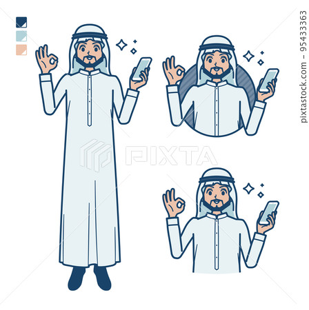 Illustration of an Arabian man wearing a white costume holding a smartphone and making an OK sign 95433363