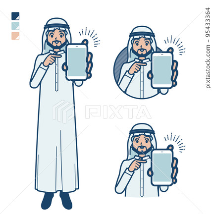 Illustration of an Arabian man wearing a white costume holding out a smartphone Illustration of an Arabian man wearing a white costume holding out a smartphone 95433364