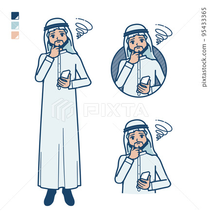 Illustration of an Arabic man wearing a white costume holding a smartphone and having trouble 95433365