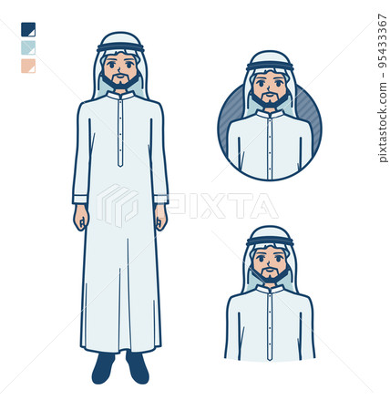 Illustration of a smiling Arabian man wearing a white costume Illustration of a smiling Arabian man wearing a white costume 95433367