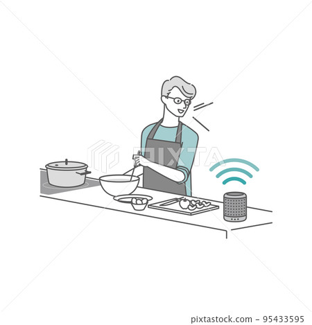A man talking to a smart speaker while cooking in the kitchen A man talking to a smart speaker while cooking in the kitchen 95433595