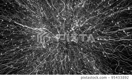 3D rendering of bright particles fill the space with jets of energy and light 95433892