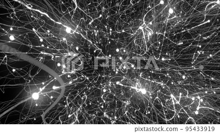 3D rendering of bright particles fill the space with jets of energy and light 95433919