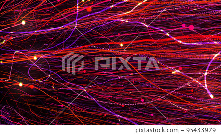 3D rendering of bright multi-colored particles fill the space with jets of energy and light 3D rendering of bright multi-colored particles fill the space with jets of energy and light 95433979