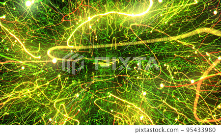 3D rendering of bright multi-colored particles fill the space with jets of energy and light 3D rendering of bright multi-colored particles fill the space with jets of energy and light 95433980