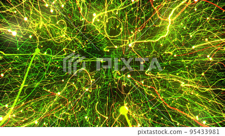 3D rendering of bright multi-colored particles fill the space with jets of energy and light 3D rendering of bright multi-colored particles fill the space with jets of energy and light 95433981