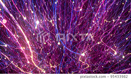 3D rendering of bright multi-colored particles fill the space with jets of energy and light 95433982