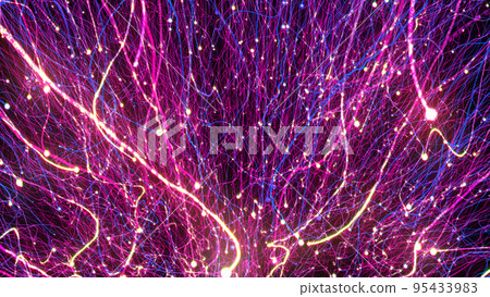 3D rendering of bright multi-colored particles fill the space with jets of energy and light 95433983