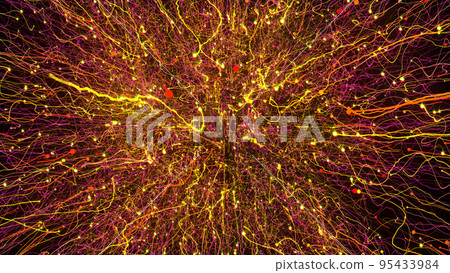 3D rendering of bright multi-colored particles fill the space with jets of energy and light 3D rendering of bright multi-colored particles fill the space with jets of energy and light 95433984