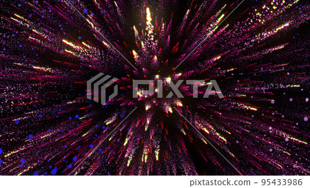 3D rendering of bright multi-colored particles fill the space with jets of energy and light 3D rendering of bright multi-colored particles fill the space with jets of energy and light 95433986