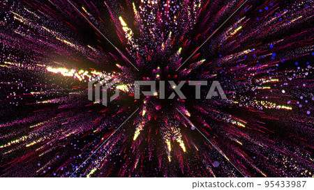 3D rendering of bright multi-colored particles fill the space with jets of energy and light 3D rendering of bright multi-colored particles fill the space with jets of energy and light 95433987