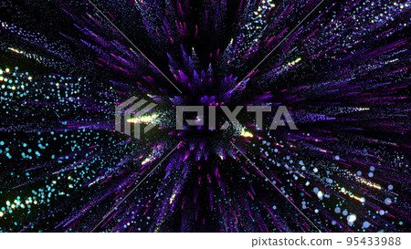 3D rendering of bright multi-colored particles fill the space with jets of energy and light 3D rendering of bright multi-colored particles fill the space with jets of energy and light 95433988