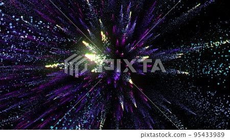 3D rendering of bright multi-colored particles fill the space with jets of energy and light 3D rendering of bright multi-colored particles fill the space with jets of energy and light 95433989