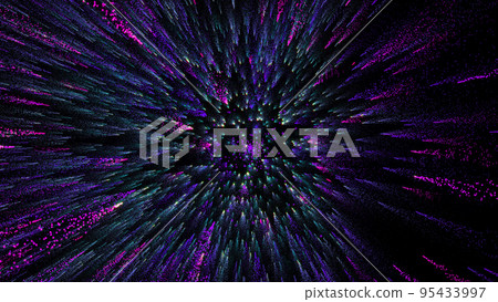 3D rendering of bright multi-colored particles fill the space with jets of energy and light 3D rendering of bright multi-colored particles fill the space with jets of energy and light 95433997
