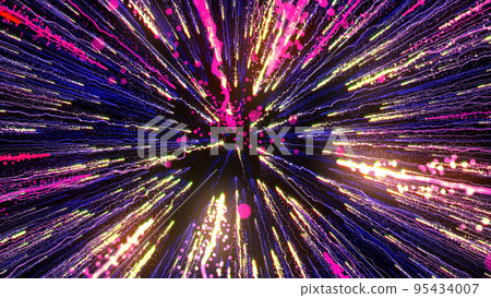 3D rendering of bright multi-colored particles fill the space with jets of energy and light 3D rendering of bright multi-colored particles fill the space with jets of energy and light 95434007