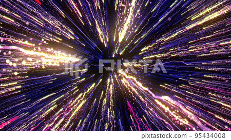 3D rendering of bright multi-colored particles fill the space with jets of energy and light 3D rendering of bright multi-colored particles fill the space with jets of energy and light 95434008