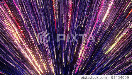 3D rendering of bright multi-colored particles fill the space with jets of energy and light 3D rendering of bright multi-colored particles fill the space with jets of energy and light 95434009