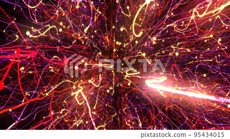 3D rendering of bright multi-colored particles fill the space with jets of energy and light 3D rendering of bright multi-colored particles fill the space with jets of energy and light 95434015
