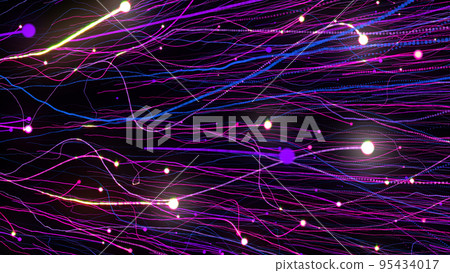 3D rendering of bright multi-colored particles fill the space with jets of energy and light 95434017