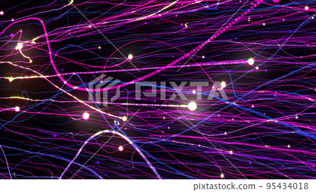 3D rendering of bright multi-colored particles fill the space with jets of energy and light 3D rendering of bright multi-colored particles fill the space with jets of energy and light 95434018