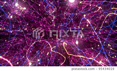3D rendering of bright multi-colored particles fill the space with jets of energy and light 95434019