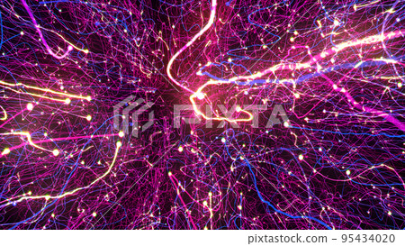3D rendering of bright multi-colored particles fill the space with jets of energy and light 3D rendering of bright multi-colored particles fill the space with jets of energy and light 95434020