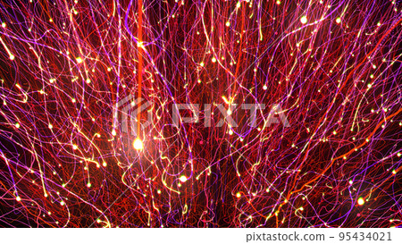 3D rendering of bright multi-colored particles fill the space with jets of energy and light 3D rendering of bright multi-colored particles fill the space with jets of energy and light 95434021