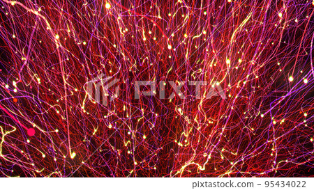 3D rendering of bright multi-colored particles fill the space with jets of energy and light 95434022