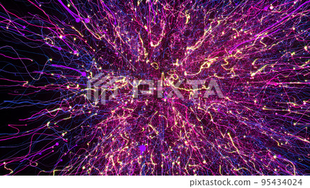 3D rendering of bright multi-colored particles fill the space with jets of energy and light 3D rendering of bright multi-colored particles fill the space with jets of energy and light 95434024