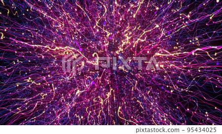 3D rendering of bright multi-colored particles fill the space with jets of energy and light 3D rendering of bright multi-colored particles fill the space with jets of energy and light 95434025