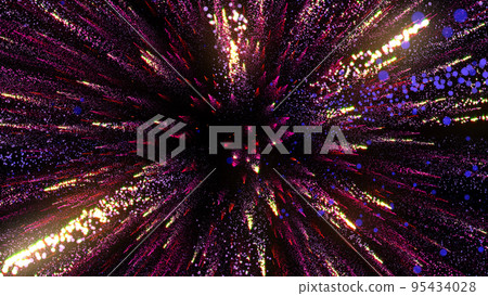 3D rendering of bright multi-colored particles fill the space with jets of energy and light 95434028