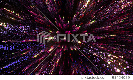 3D rendering of bright multi-colored particles fill the space with jets of energy and light 3D rendering of bright multi-colored particles fill the space with jets of energy and light 95434029