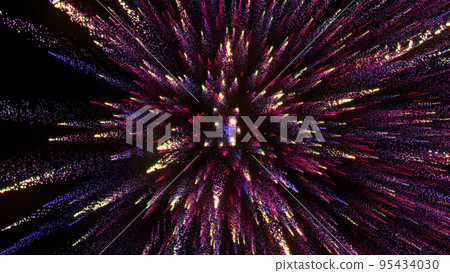 3D rendering of bright multi-colored particles fill the space with jets of energy and light 3D rendering of bright multi-colored particles fill the space with jets of energy and light 95434030