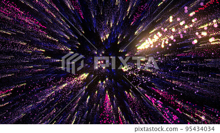 3D rendering of bright multi-colored particles fill the space with jets of energy and light 3D rendering of bright multi-colored particles fill the space with jets of energy and light 95434034
