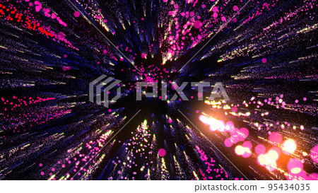 3D rendering of bright multi-colored particles fill the space with jets of energy and light 3D rendering of bright multi-colored particles fill the space with jets of energy and light 95434035