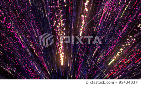 3D rendering of bright multi-colored particles fill the space with jets of energy and light 3D rendering of bright multi-colored particles fill the space with jets of energy and light 95434037