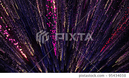 3D rendering of bright multi-colored particles fill the space with jets of energy and light 3D rendering of bright multi-colored particles fill the space with jets of energy and light 95434038