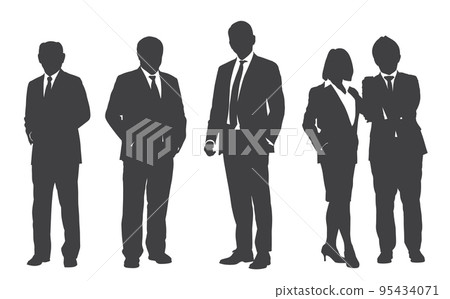 Business people group gray silhouettes pose on white background, flat line vector and illustration. 95434071