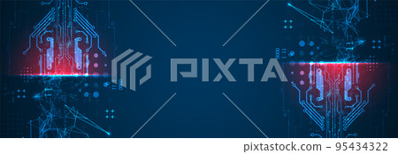 Abstract background on technological and scientific topics. Plexus effect with various techno details with a place under the text. Vector format. 95434322