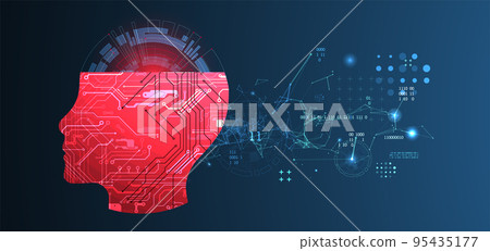 Abstract background on the theme of artificial intelligence. Head shape with technological elements inside the contour. Abstract background on the theme of artificial intelligence. Head shape with technological elements inside the contour. 95435177