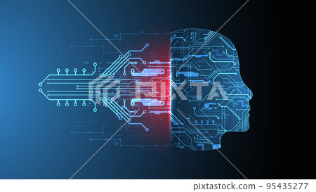 Abstract background on the theme of artificial intelligence. Head shape with technological elements inside the contour. 95435277