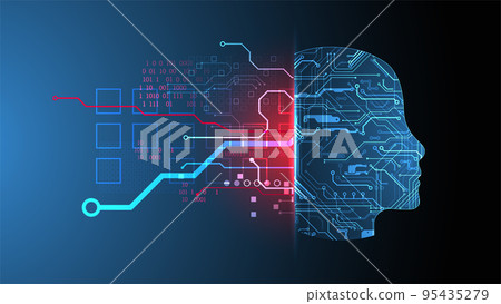 Abstract background on the theme of artificial intelligence. Head shape with technological elements inside the contour. 95435279