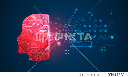 Abstract background on the theme of artificial intelligence. Head shape with technological elements inside the contour. Abstract background on the theme of artificial intelligence. Head shape with technological elements inside the contour. 95435281