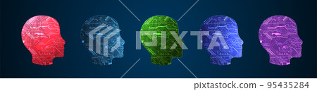 Abstract background on the theme of artificial intelligence. Head shape with technological elements inside the contour. 95435284