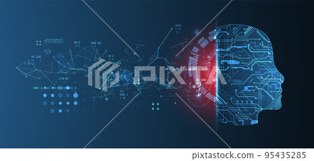 Abstract background on the theme of artificial intelligence. Head shape with technological elements inside the contour. Abstract background on the theme of artificial intelligence. Head shape with technological elements inside the contour. 95435285
