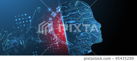 Abstract background on the theme of artificial intelligence. Head shape with technological elements inside the contour. Abstract background on the theme of artificial intelligence. Head shape with technological elements inside the contour. 95435289