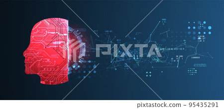 Abstract background on the theme of artificial intelligence. Head shape with technological elements inside the contour. Abstract background on the theme of artificial intelligence. Head shape with technological elements inside the contour. 95435291