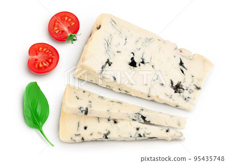 Blue cheese gorgonzola isolated on white background with full depth of field. Top view. Flat lay. 95435748