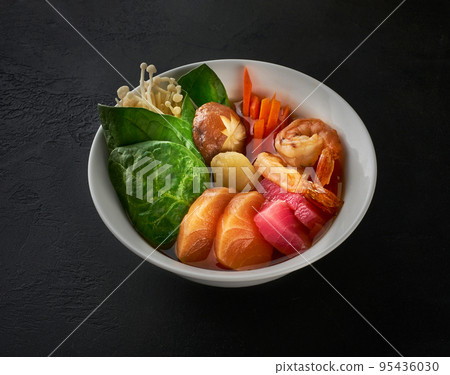 Traditional Japanese sea food sumo wrestler's stew foods. Asian culture style food. Top view. Hot tasty soup Traditional Japanese sea food sumo wrestler's stew foods. Asian culture style food. Top view. Hot tasty soup 95436030